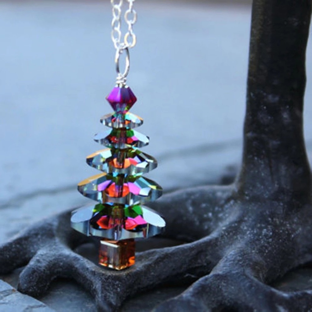 Holiday Rainbow Crystal Christmas Tree Necklace